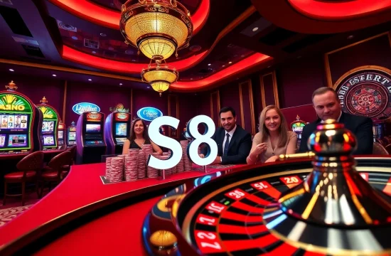 The thrill of gambling with S8-themed poker chips and casino tables illuminated in vibrant colors.