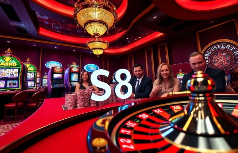 The thrill of gambling with S8-themed poker chips and casino tables illuminated in vibrant colors.
