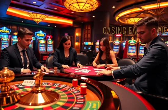 Exciting PG88 casino scene with vibrant gaming table, roulette wheel, and engaged players.