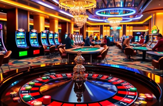 A vibrant casino atmosphere showcasing nouveau casino en ligne 2026 with roulette tables, slot machines, and engaging players.