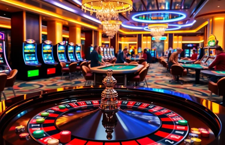 A vibrant casino atmosphere showcasing nouveau casino en ligne 2026 with roulette tables, slot machines, and engaging players.
